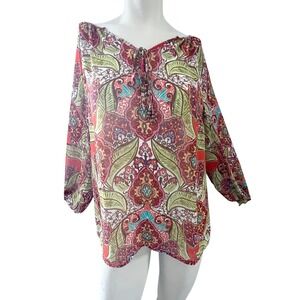 Charter‎ Club Paisley Blouse Size M Tie Neck Long Sleeve Coquette Sheer Fairy